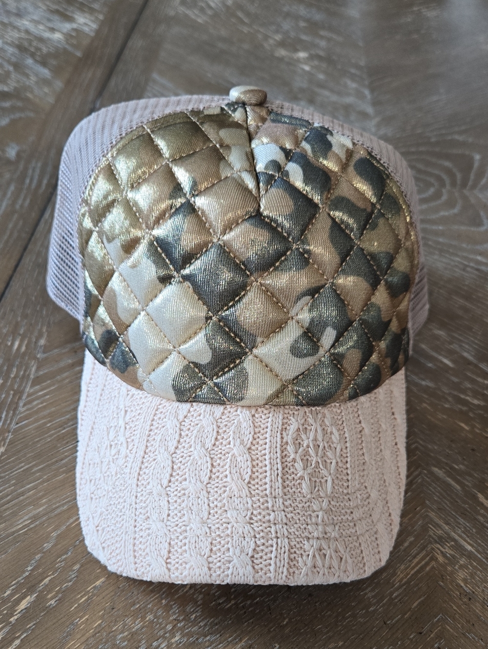 Grace Hats Quilted Camo & Gold Knit Brim Trucker Hat
